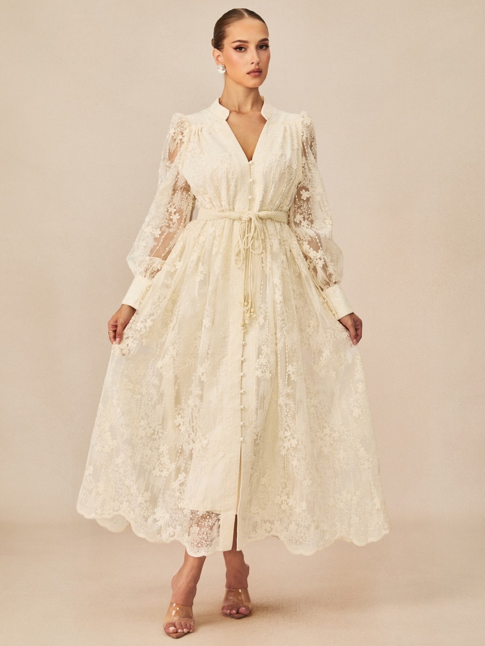 Ivory Lace Maxi Dress with Tie Waist